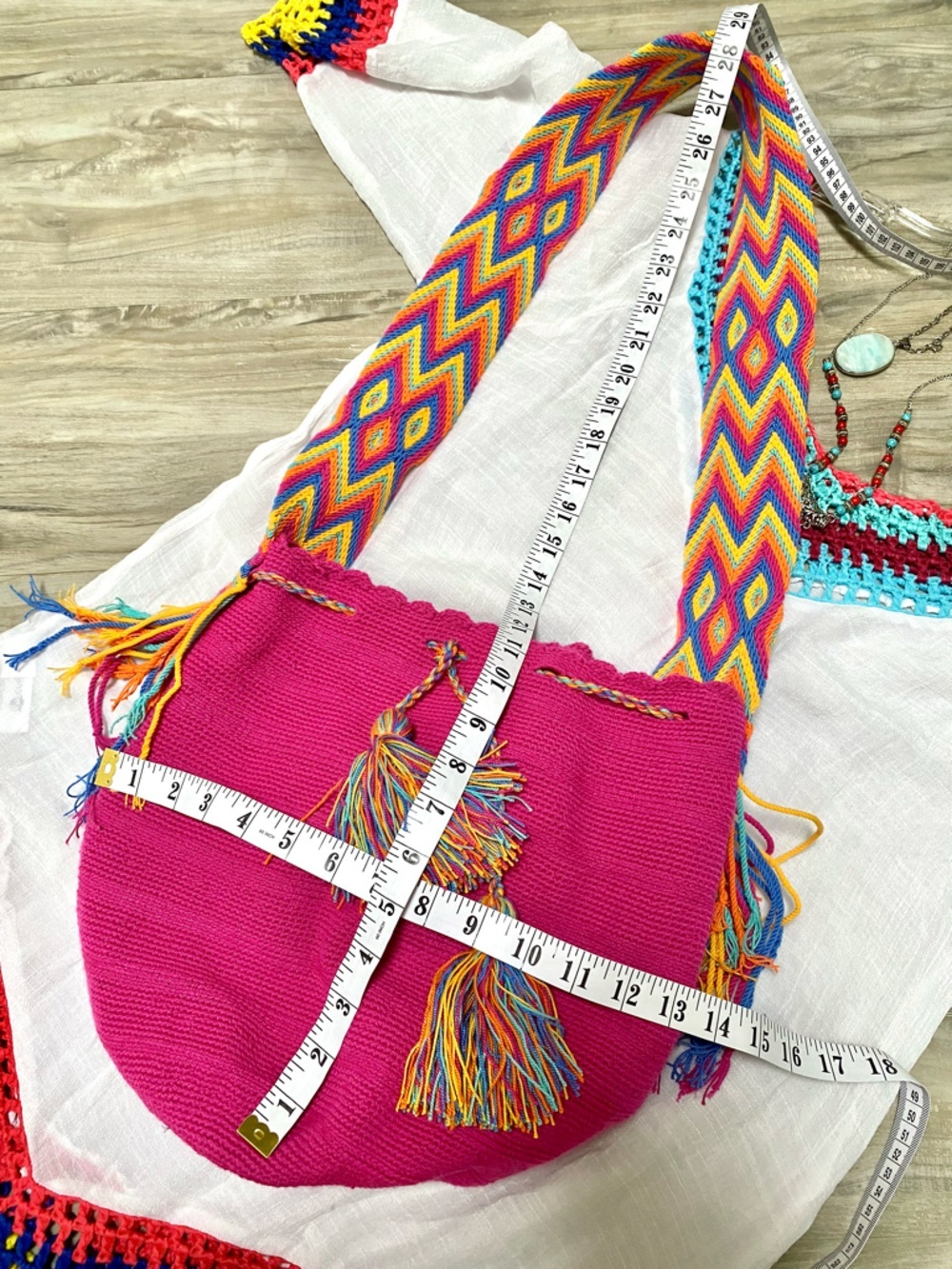 Artisan Fringe tassel hippy bucket bag with Gypsy resort vacay beach vibe - Picture 3 of 14